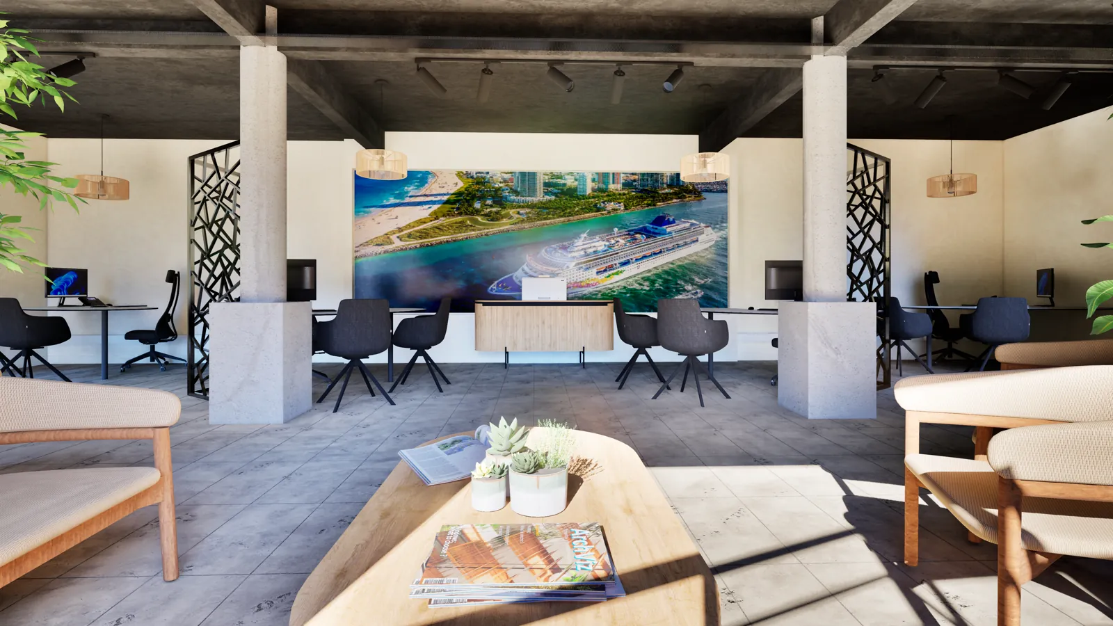 Espace coworking avec fresque marina