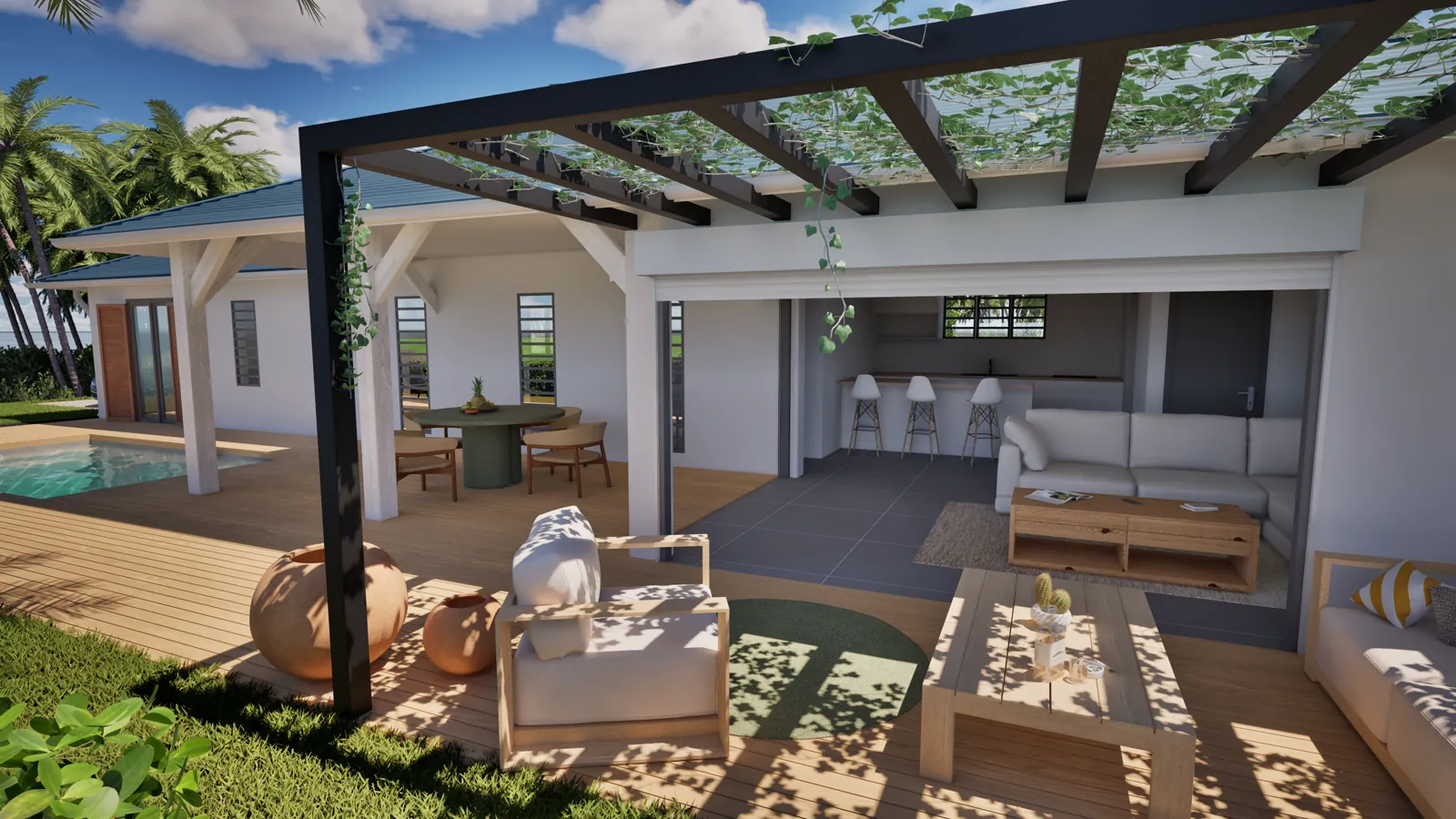 Pergola tropicale et salon extérieur